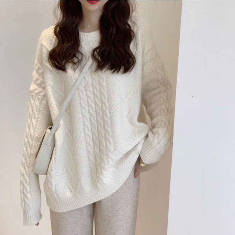 Thick Hemp Flowers Knitted Round Neck Sweater Retro Loose Top