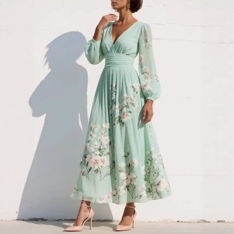 Womens Spring Chiffon Long-Sleeve Pleated Dress