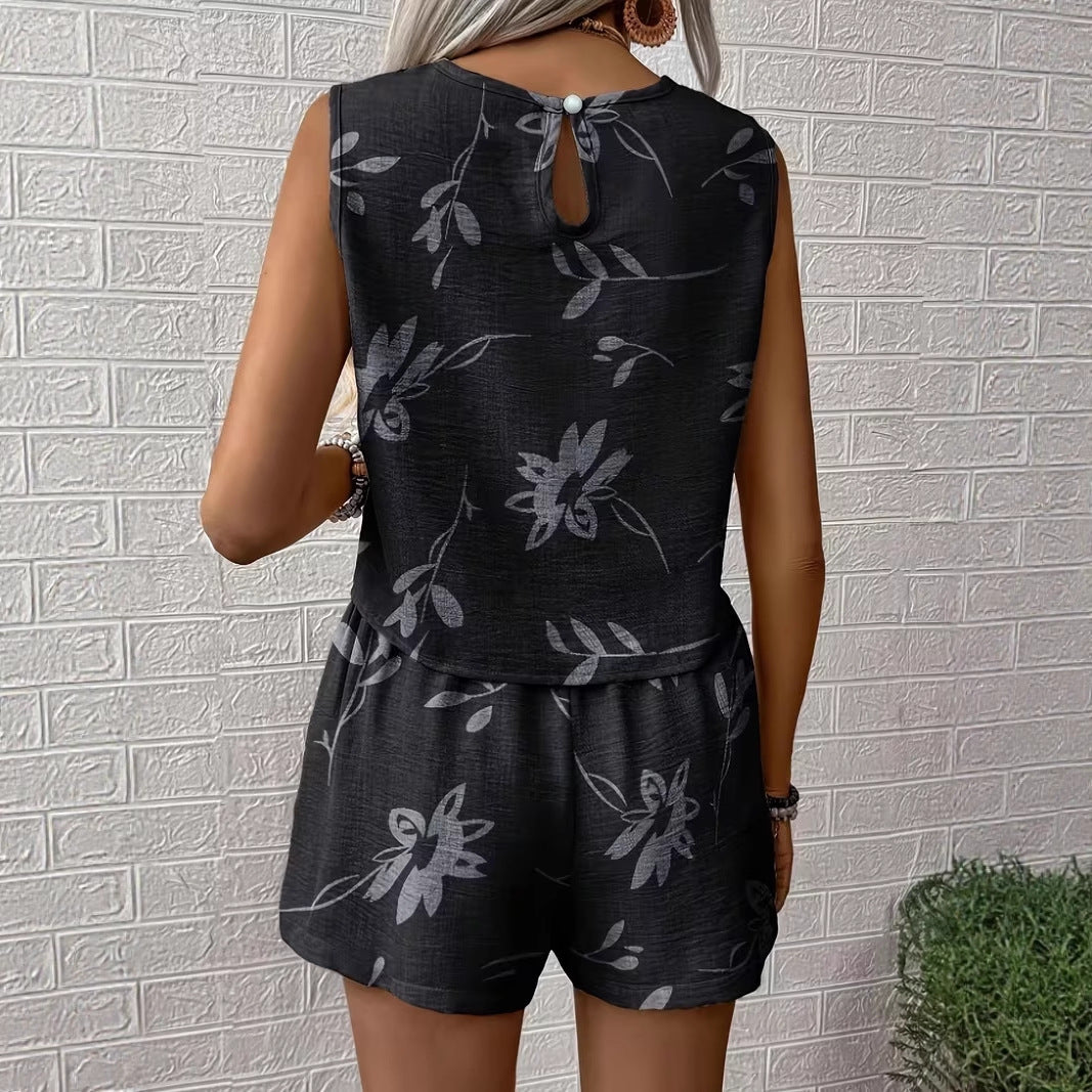 Womens Fashion Striped Printed Sleeveless Tank Top And Shorts Set