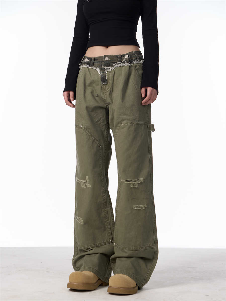 Ripped Cargo Jeans Straight Logging Casual Trousers