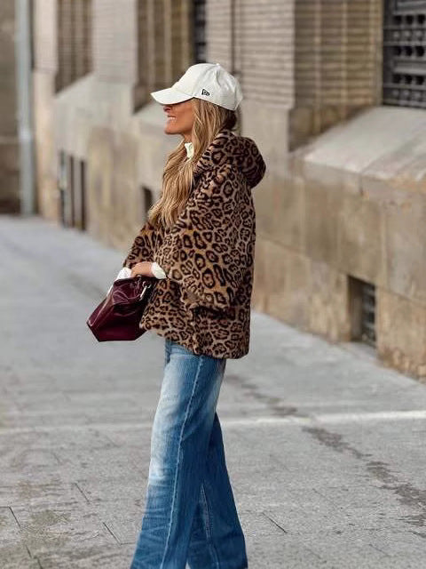 Women's Leopard Print Hooded Fur Coat With Zipper Comfortable Loose Autumn And Winter