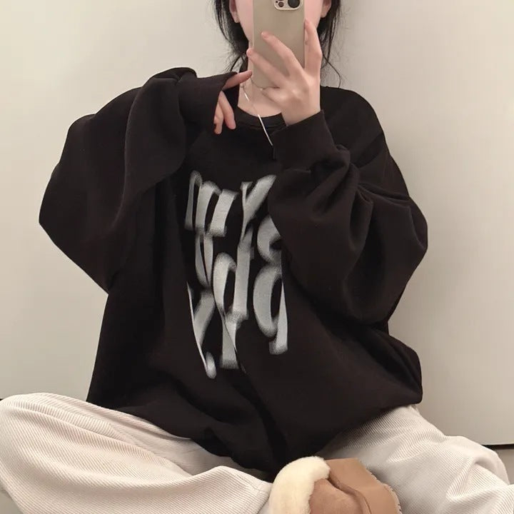 Printed Design Contrast Color Loose Casual Long Sleeves Pullover Sweater
