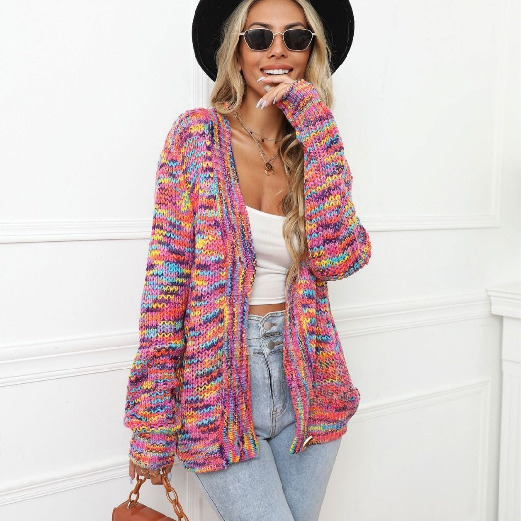 Rainbow Mixed Color Festival Dyed Short Cardigan Knitted Coat