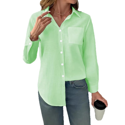 Lapel-collar Casual Pleated Loose-fitting Long-sleeve Womens Blouse