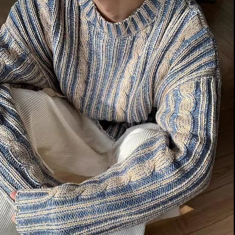 Retro Multi-colored Stripe Casual Trend Knitted Sweater Men's Design Round Neck Pullover