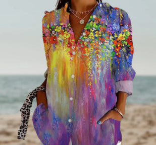 Camicetta da donna, camicia con risvolto transfrontaliero, top con stampa digitale 3D