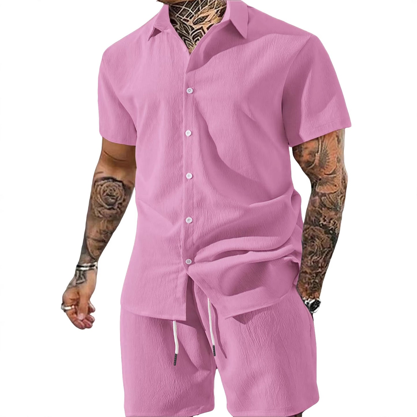 Completo da uomo tinta unita con camicia a maniche corte con risvolto e pantaloncini