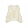 Cardigan in pizzo arricciato in stile francese con maniche svasate e dettaglio da annodare