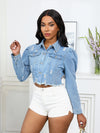 Worn Ripped Puff Sleeve Denim Coat For Women