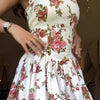 White Red Rose Print Halter Neck Waist-Cinched Midi Dress