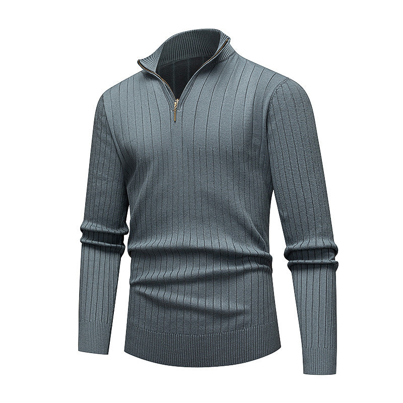 Men's Knitwear Half Zipped Stand Collar Striped Sweater