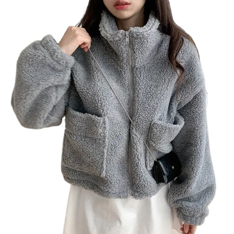 Retro Half Turtleneck Zipper Large Pocket All-matching Thick Warm Coat