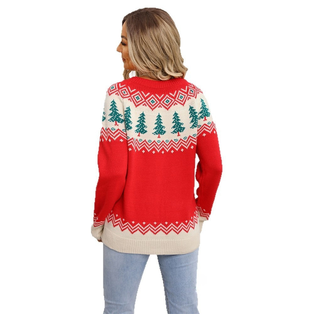 Maglione casual e ampio da donna in maglia jacquard con motivo albero di Natale