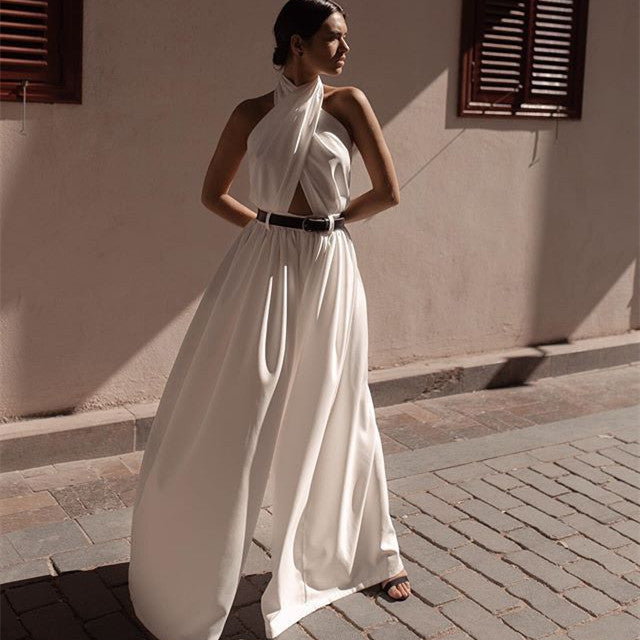 Tuta intera sexy da donna senza maniche con scollo all'americana e schiena scoperta in poliestere
