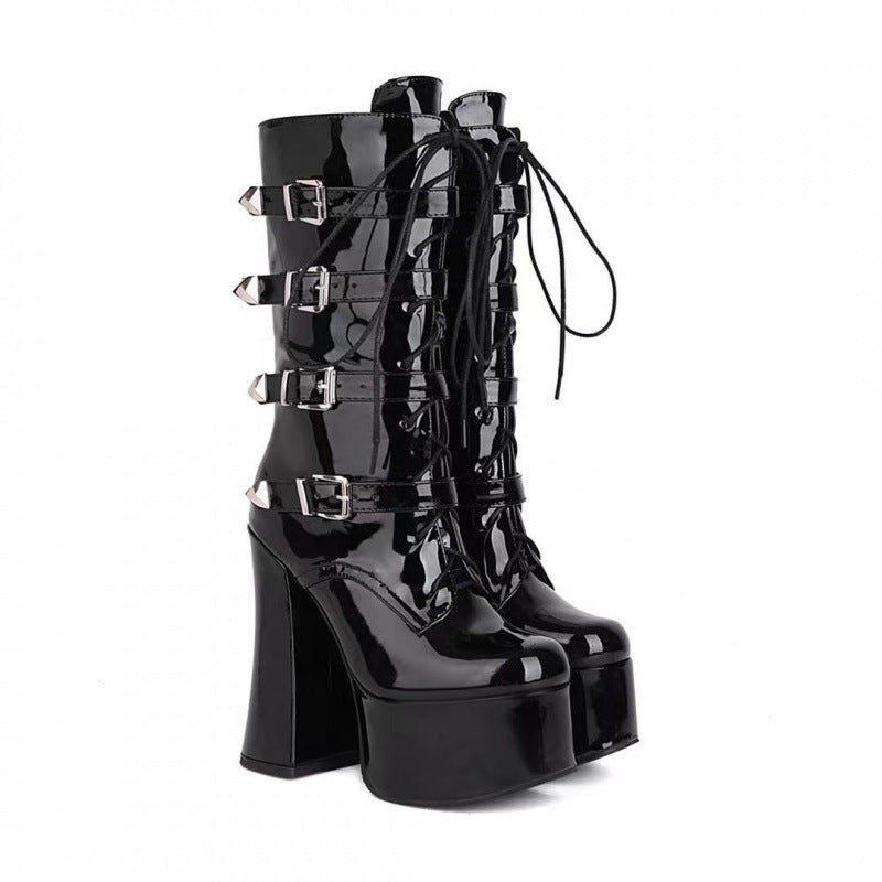 Female British Style Super High Waterproof Platform Thick Heel Platform Martin Boots