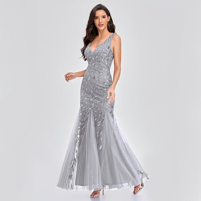 Vestito lungo sexy senza maniche con scollo a V ricamato con paillettes slim a sirena