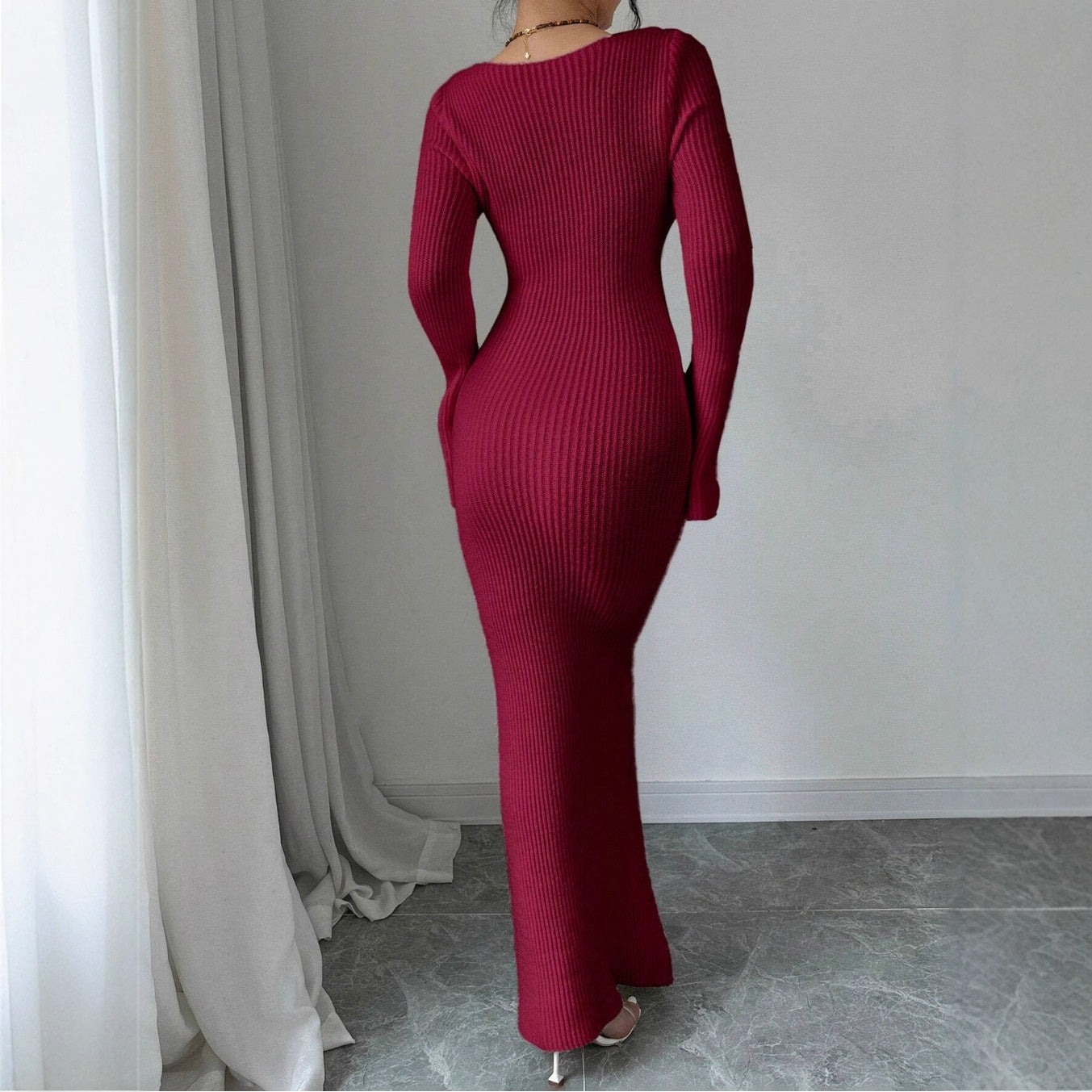 V-neck Waist Trimming Knitted Dress Women's Slimming Sheath