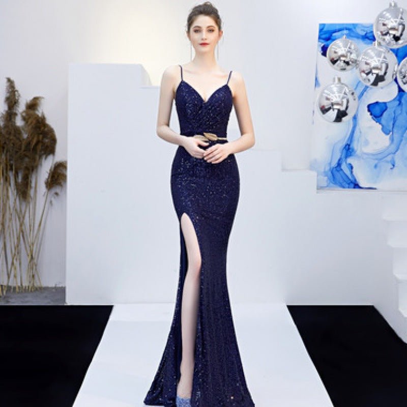 Nuovo Banchetto Elegante Riunione Annuale Lungo Host Profondo V Sexy Abito da Sera a Sirena con Paillettes