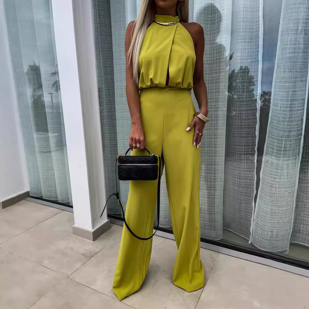 Womens Sexy Fashionable High-waisted Backless Tailored Straight Jumpsuit