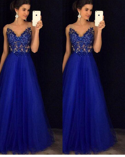 Abito lungo elegante blu in chiffon con perline e schiena scoperta a pois