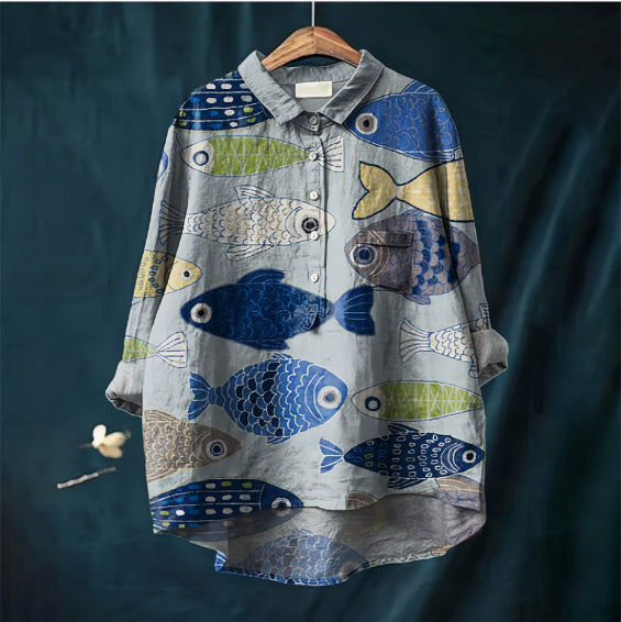 Camicia alla Coreana in Lino di Bambù Stampato Stile Cinese con Colletto Polo