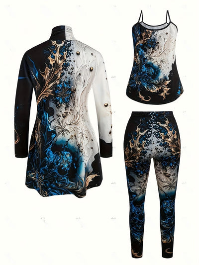 European And American Ladies Casual Floral Print Long Sleeve Asymmetric Coat Camisole And Leggings 3 Piece Set
