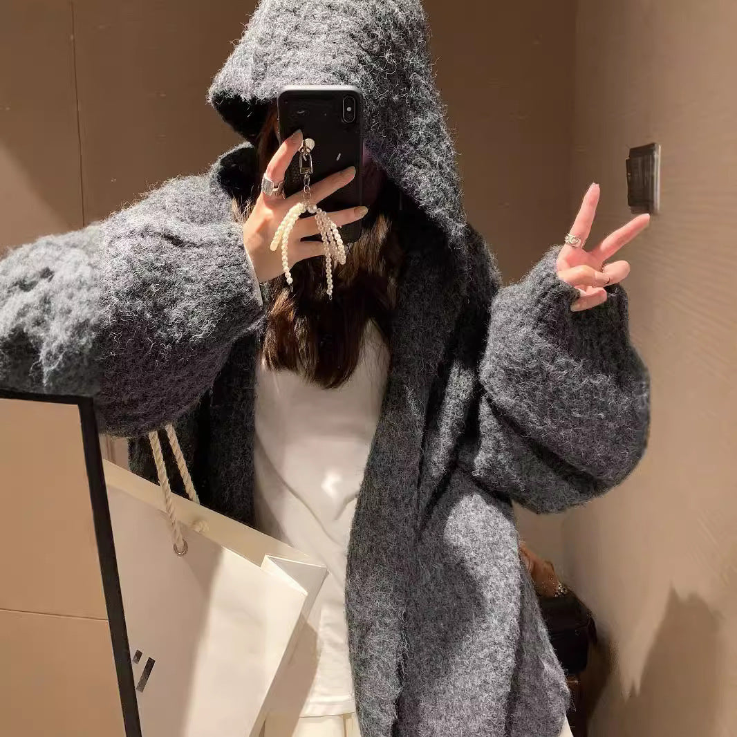 Retro Maillard Hooded Sweater Cardigan For Women