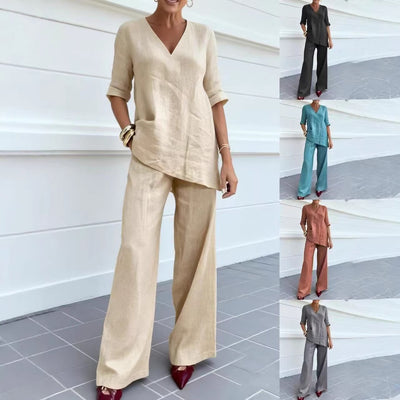Casual Cotton-Linen Solid-Color Mid-Sleeve V-Neck Top And Straight-Cut Casual Pants Set