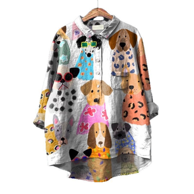 Camicia da donna estiva casual a maniche corte con stampa e colletto, taglia europea