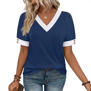 Top smanicato con scollo a V, abbinabile, abbottonato, a maniche corte, a contrasto di colore