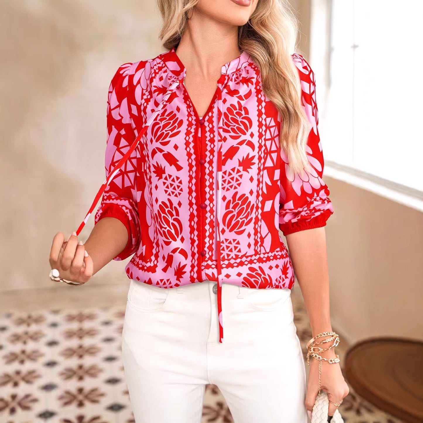 Camicia cardigan da donna a maniche lunghe stampata con collo a punta