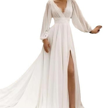 Abito da sposa a vita alta taglie forti profondo scollo a V a maniche lunghe con spacco alto e schiena scoperta in stile europeo e americano