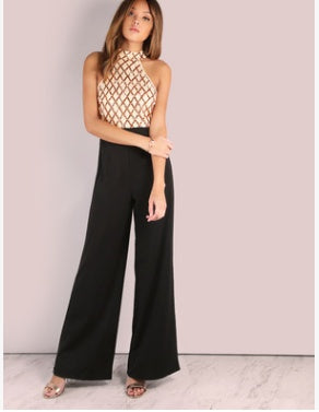 Tuta intera sexy da donna europea e americana con paillettes e cuciture a trombetta con scollo all'americana