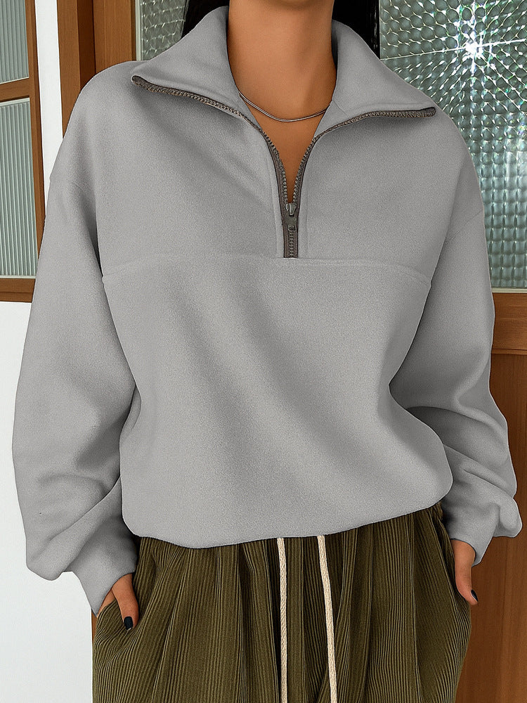 Maglione con risvolto e cerniera, casual, ampio, tinta unita, a maniche lunghe