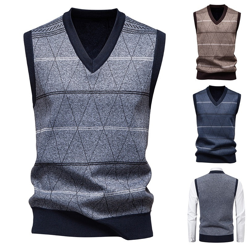 Autumn And Winter Fleece-lined Casual Dad's Diamond Vest Pullover