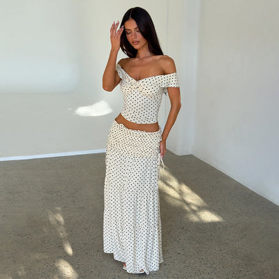 Polka Dot Skirt Set Cold Shoulder Top With A Boat Neckline And A Pleated Midi Skirt
