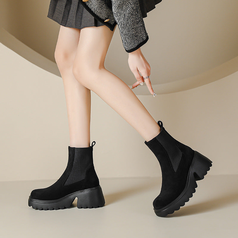 Lightweight Thick Bottom 7cm High Heel Suede Stretch Boots