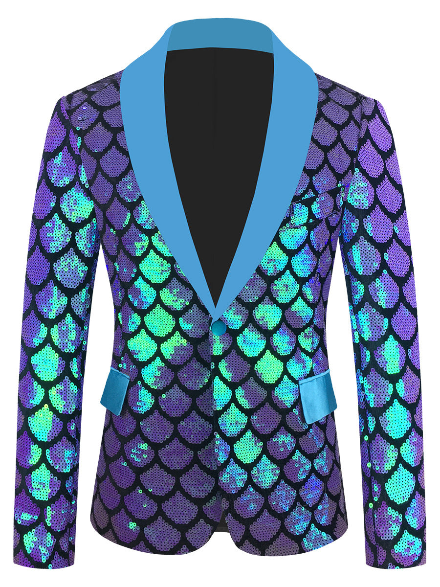 Costume maschile in velluto colorato con paillettes a squame reversibili