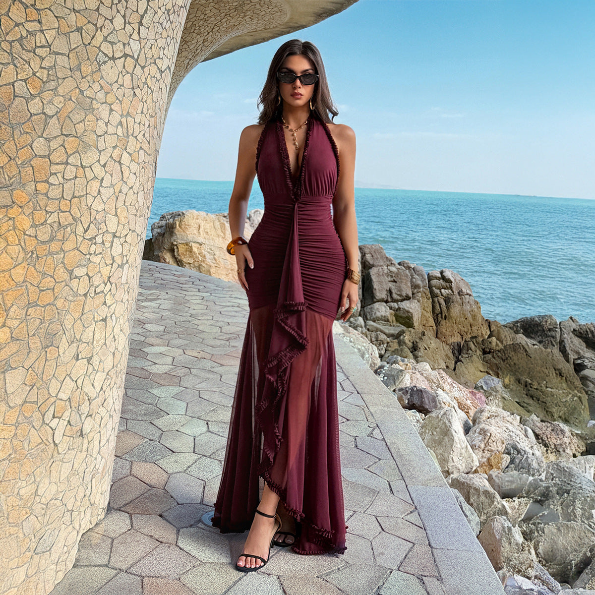 Womens Solid-Color Casual Hip-Hugging Low-Cut Dress