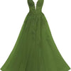 Women's Spaghetti Strap Tulle Long Applique Lace Dress With Long Dress