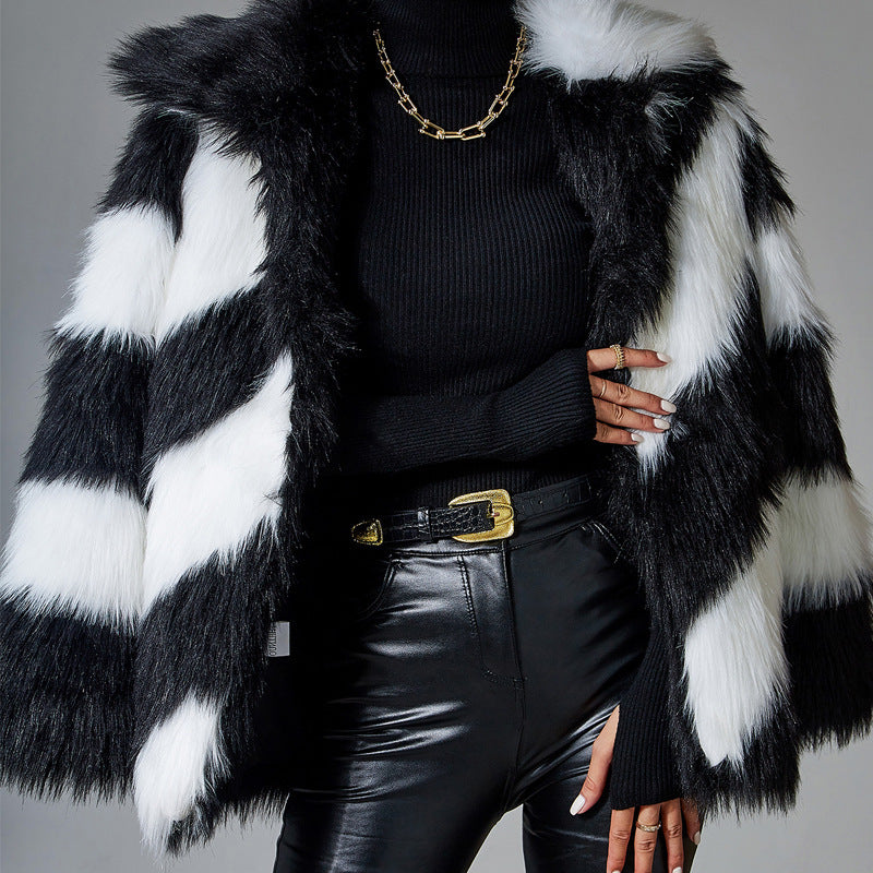 Lapel Contrast Color Minimalist Trendy Fur Coat