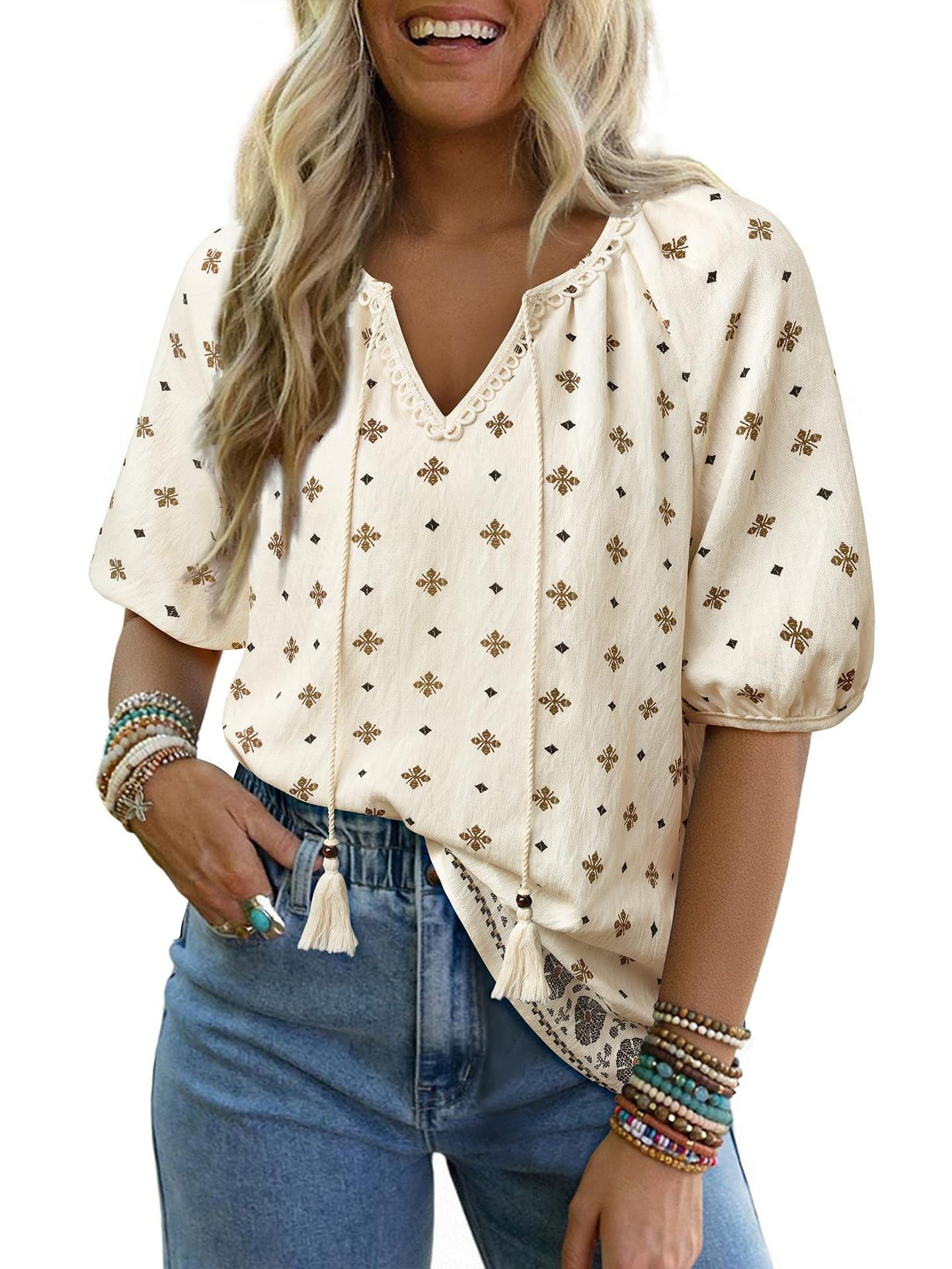 Bohemian Casual V-neck Short-sleeve Printed Blouse