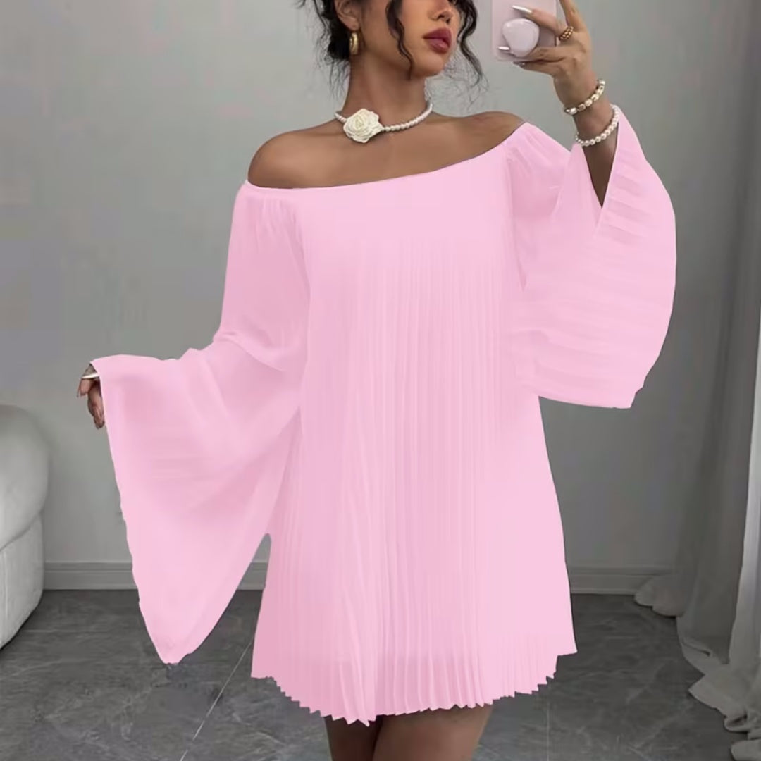 Womens Solid-Color Pleated French-Style Minimalist Off-Shoulder Dress