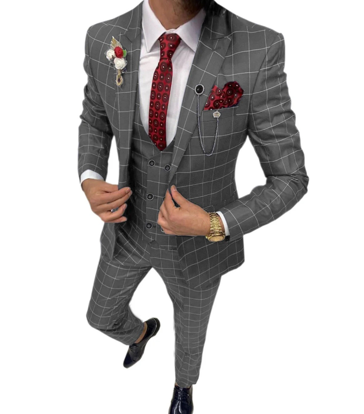 Completo da uomo in tre pezzi, versatile e semplice, con fantasia a quadri