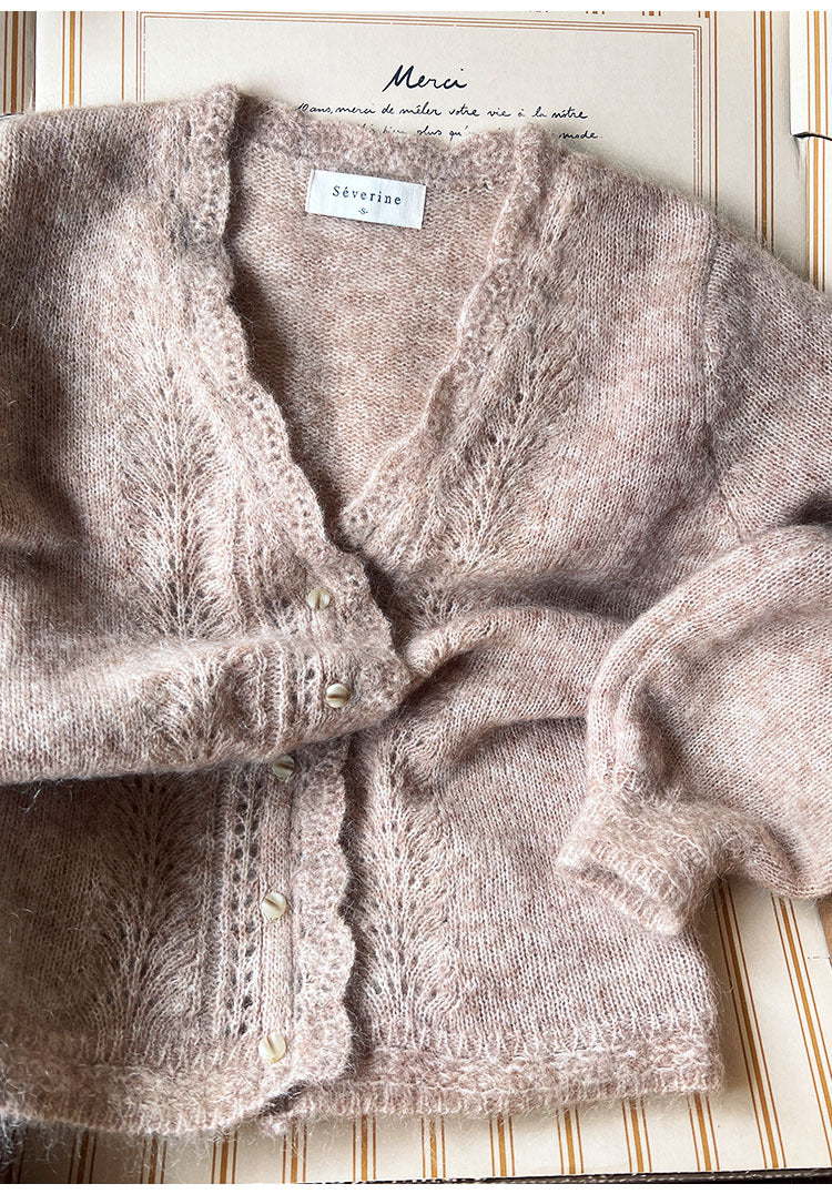 Haze Blue Mohair Cardigan Crocheted V-neck Puff Sleeve Sweater