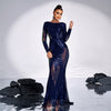 Abito da sera lungo da banchetto con paillettes, manica lunga, scollo a giro, elegante e sexy