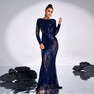 Abito da sera lungo da banchetto con paillettes, manica lunga, scollo a giro, elegante e sexy