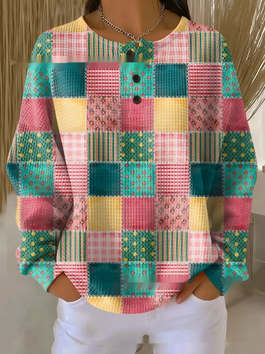 Maglietta da donna con stampa digitale 3D geometrica retrò e colletto alla coreana a tre bottoni