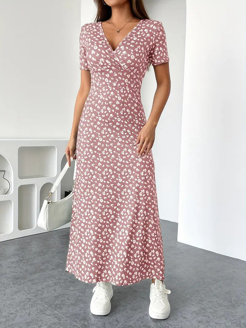Womens Short-Sleeve Mid-Length Floral V-Neck Dress