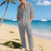 Set Casuale di Camicia a Maniche Lunghe con Cappuccio e Pantaloni in Lino Traspirante e Ampio